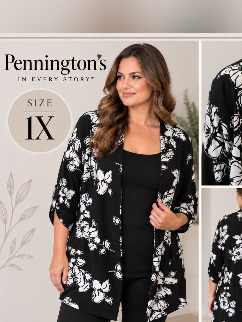 Penningtons Black & White Floral Open Front Cardigan Size 1X